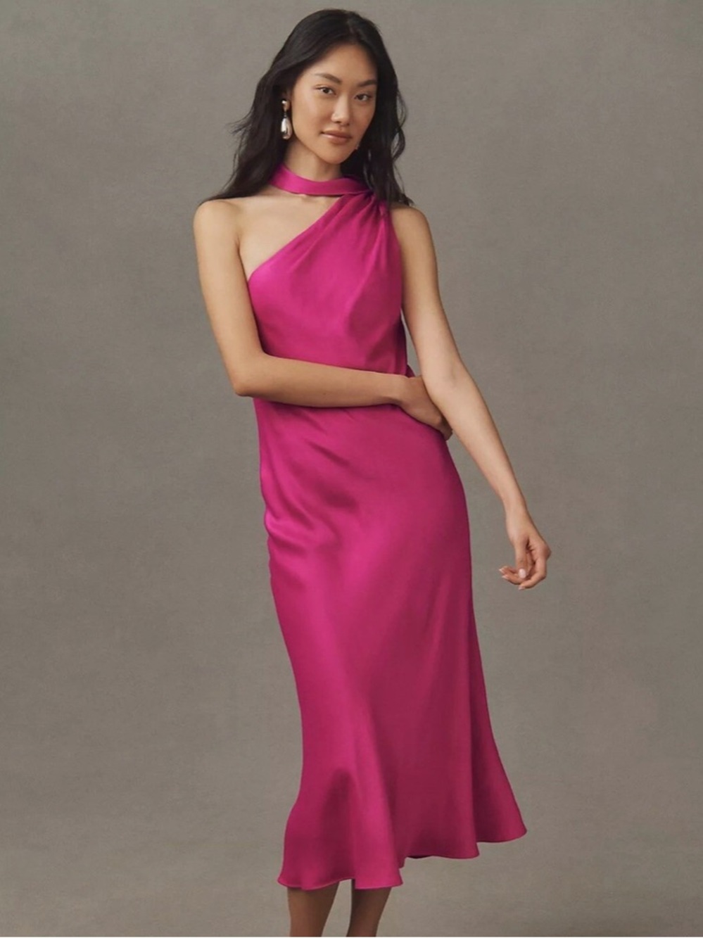 BHLDN One-Shoulder Satin Midi Dress in Fuchsia